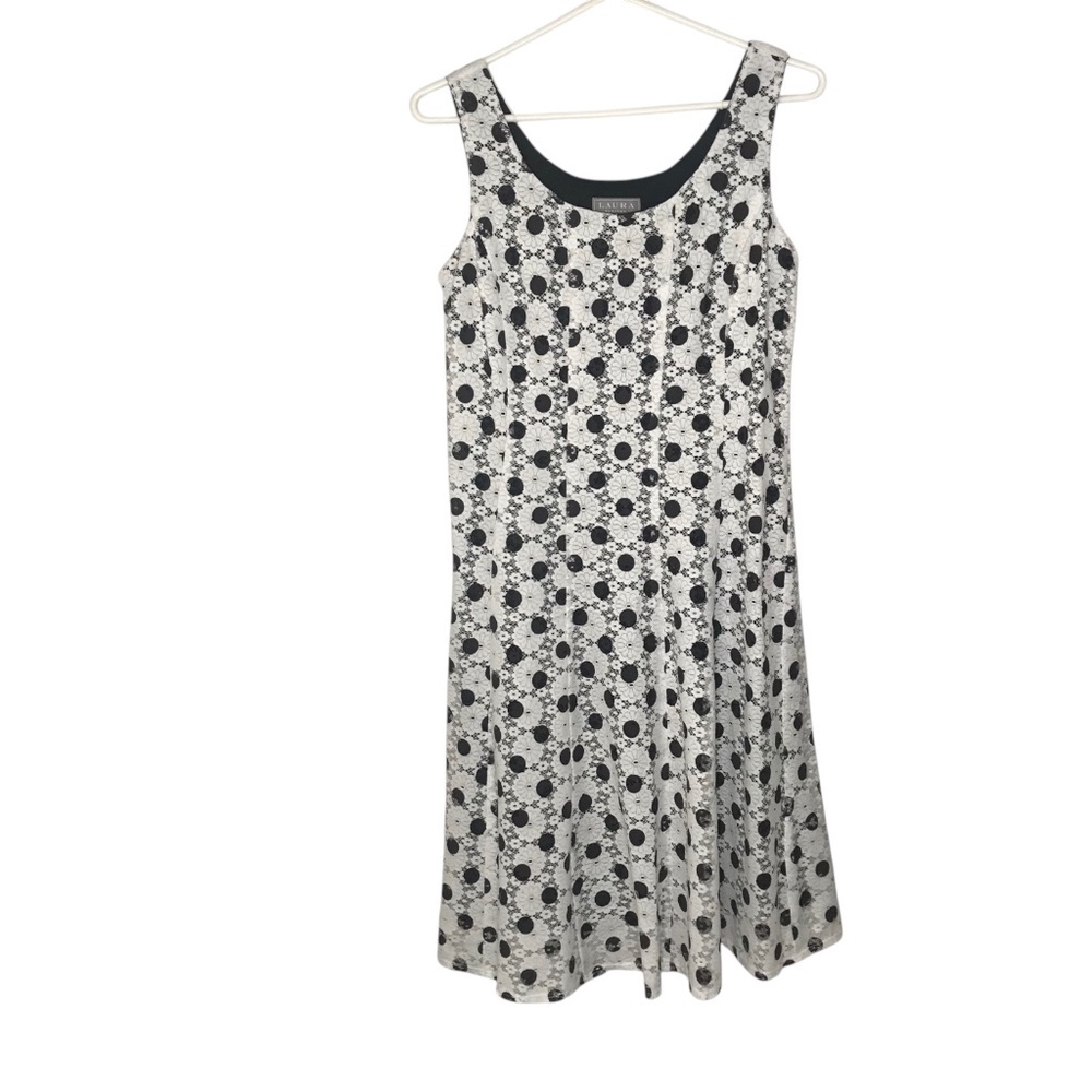 Laura Sleeveless Dress Womens S/M Black White Floral Polka Dot Midi A-Line